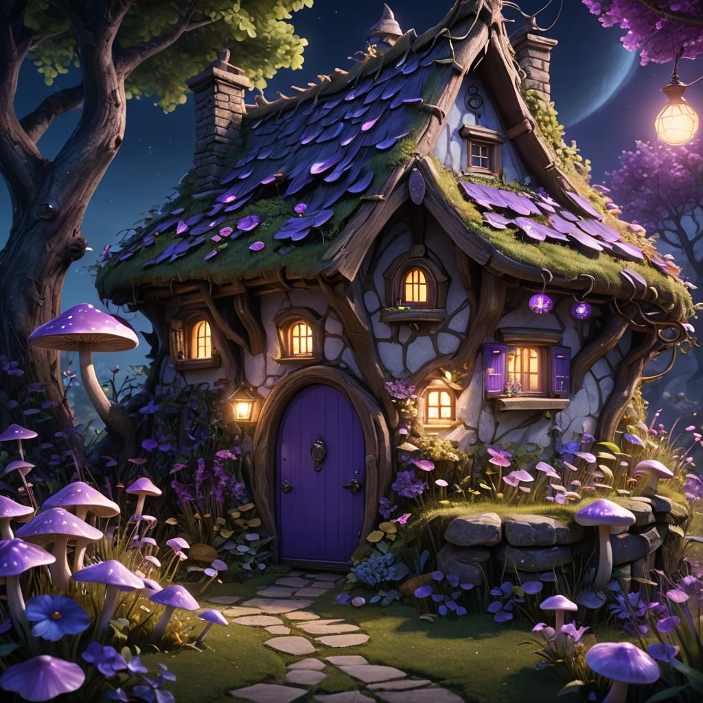 Moonlit Fairy Cottage with Purple Door