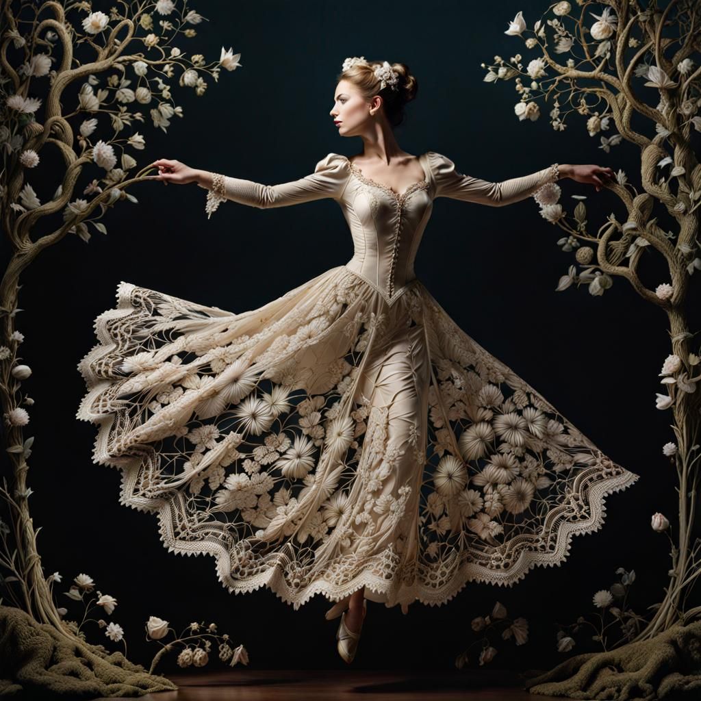 Intricate Victorian Lace Artwork of Ballerina in Forest