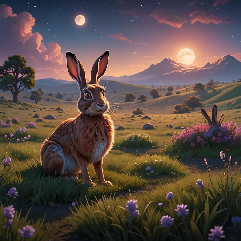Moonlit Hare in Field: Vibrant 3D Digital Art