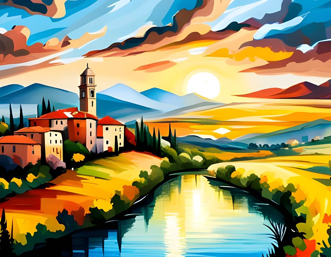 Tuscany Landscape Vector Art, Impressionist Style