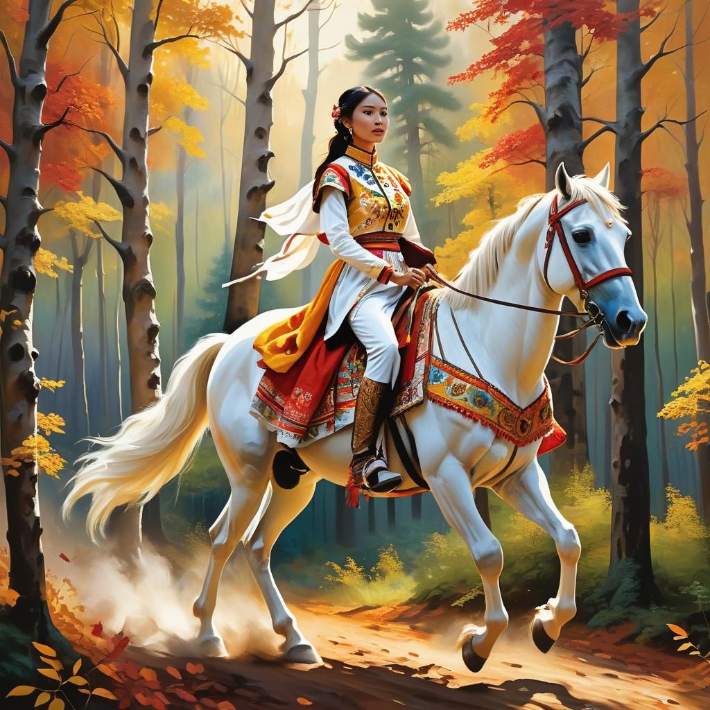 Woman on White Horse in Forest, Impressionist Oil Painting