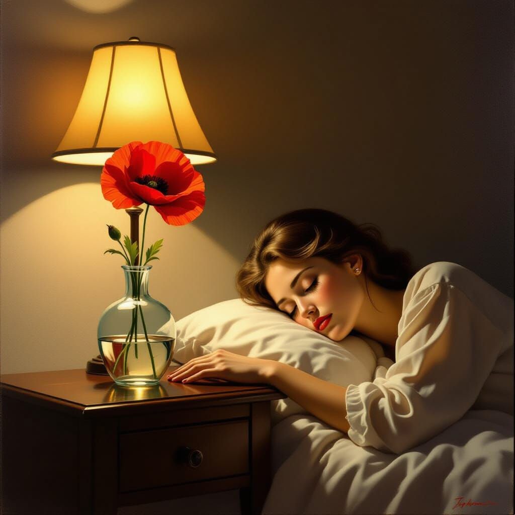 Poppy in Vase by Sleeping Woman, Dutch Golden Age Style