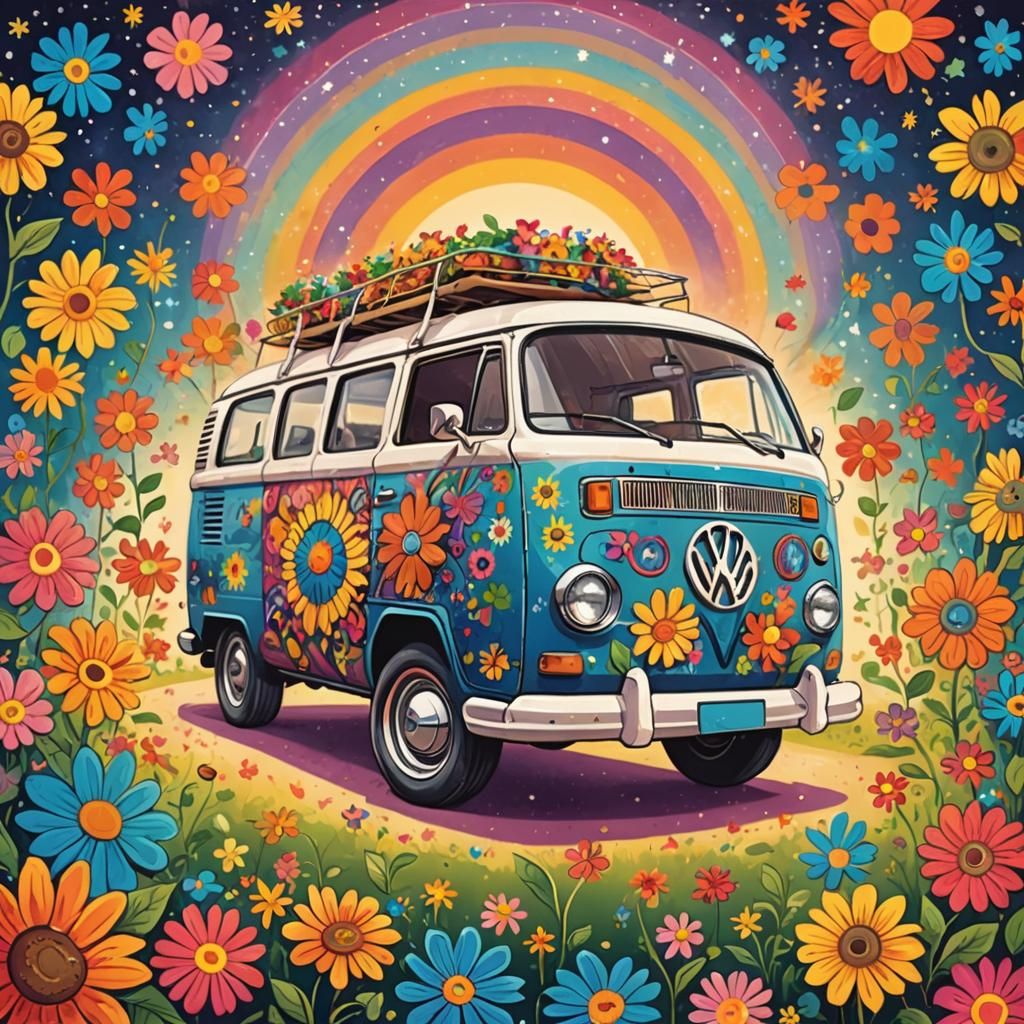 Colorful 60s Hippie Van with Dancing Couple