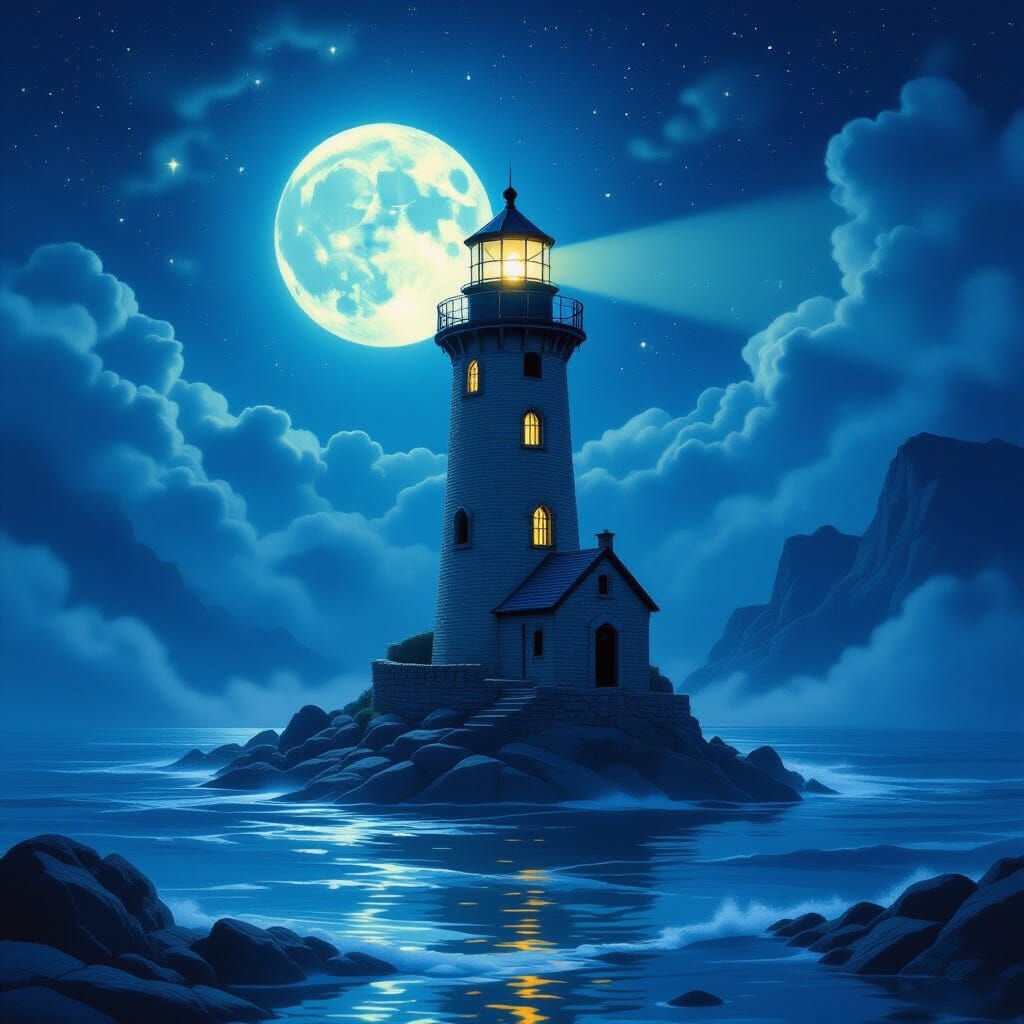 Ethereal Lighthouse of Moonlight and Mist