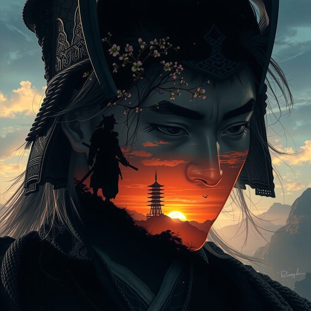 Surreal Samurai Silhouette in Sakura Sunset