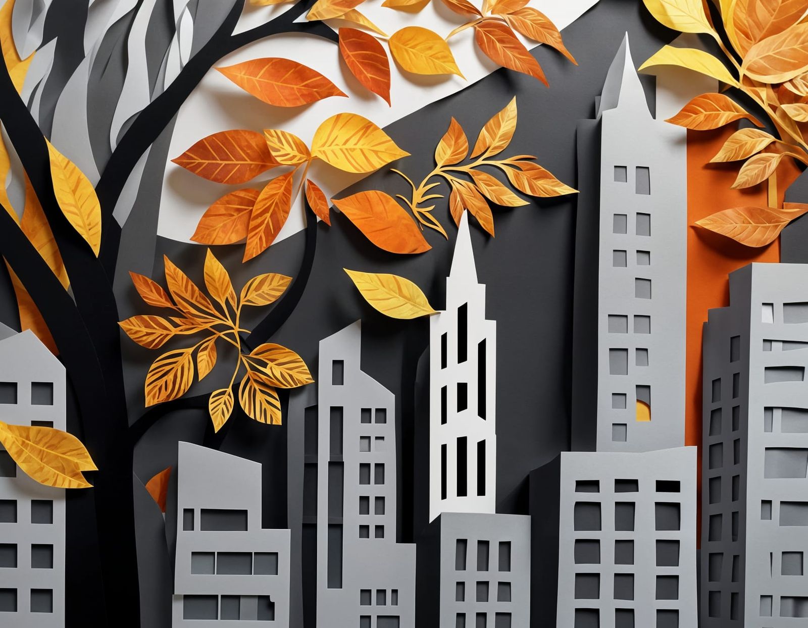 Autumn Cityscape Mixed Media Paper Artwork