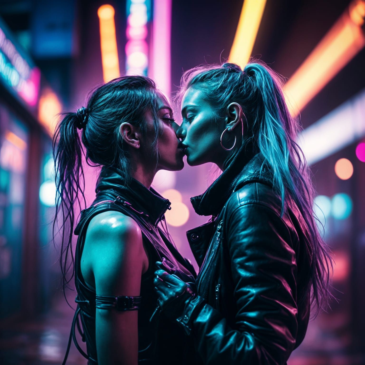 Cyberpunk Girls Kissing in Neon Cityscape