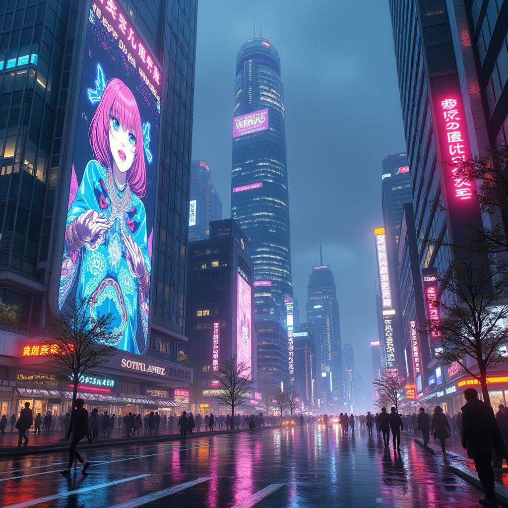 Sleek Futuristic Cityscape with Harajuku-Inspired Fashion an...