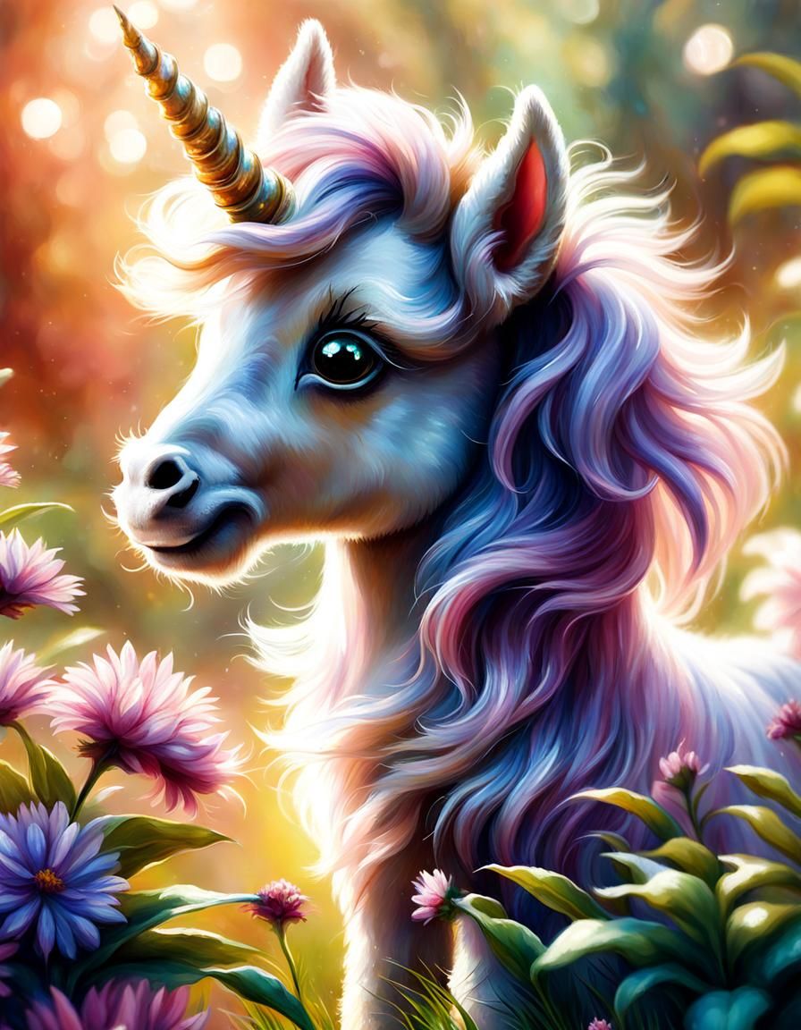 Whimsical Furry Unicorn in Impressionistic Oil Painting Styl...