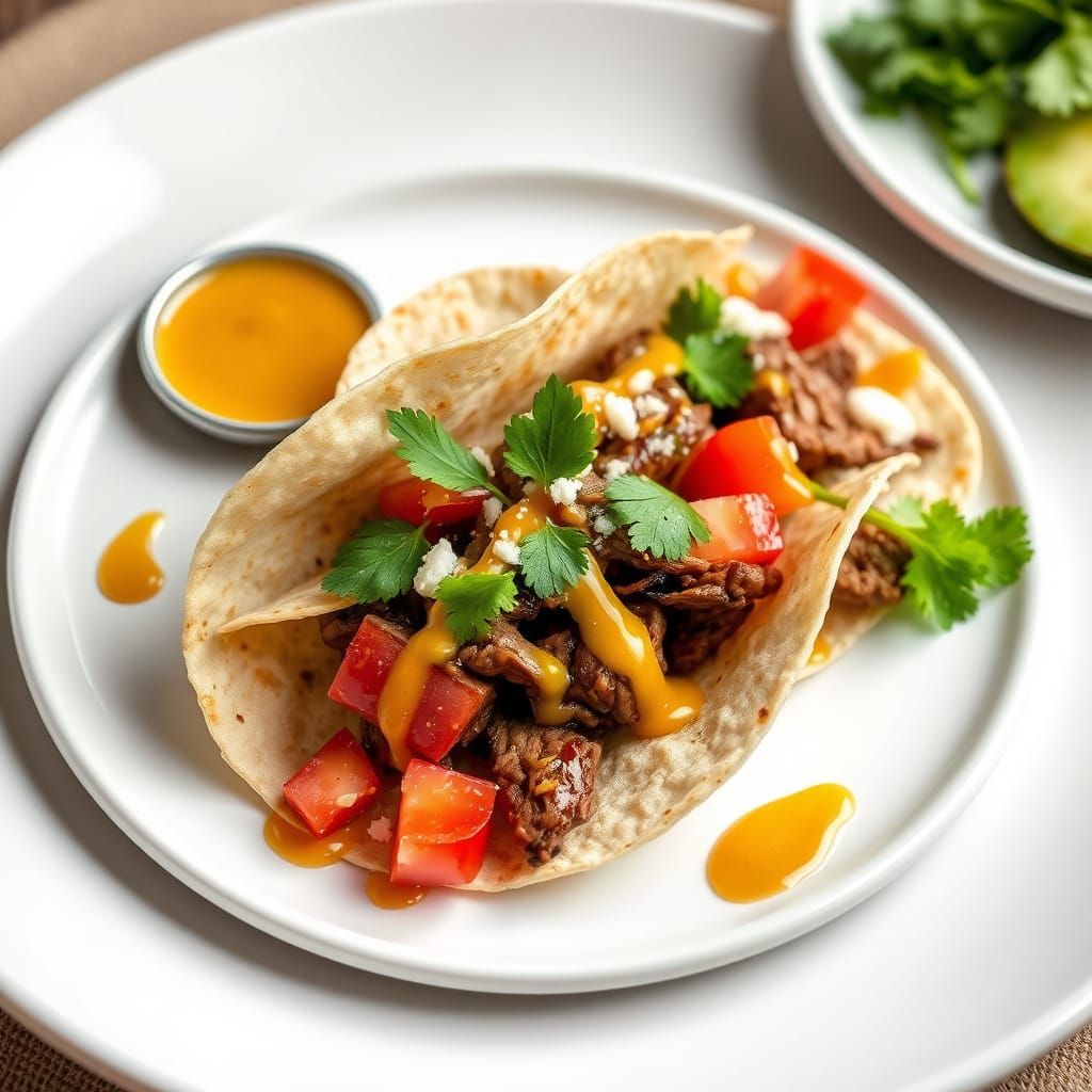 Gourmet Beef Taco with Honey Mustard Sauce in Modern Plating