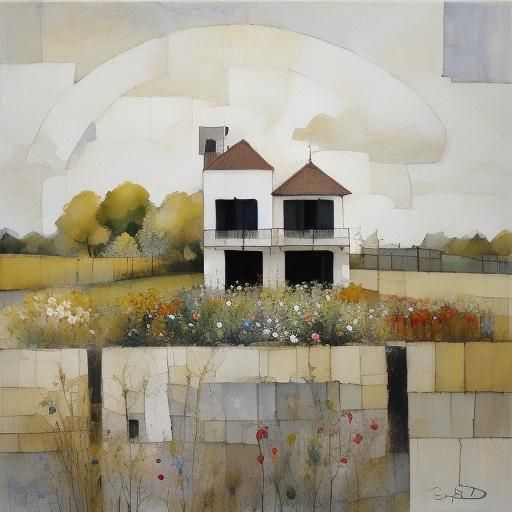 Splatter Art House with Flowers and Trees