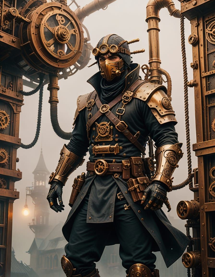 Steampunk Ninja Scaling Building in Industrial Style