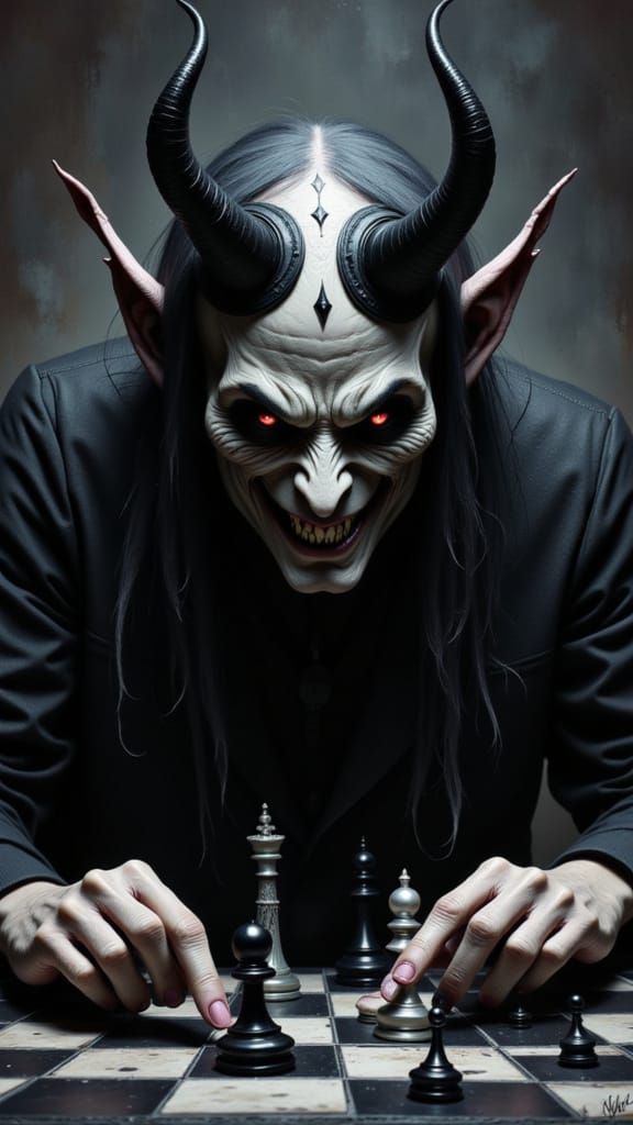 Evil Imp Plays Chess: A Chiaroscuro Oil Painting