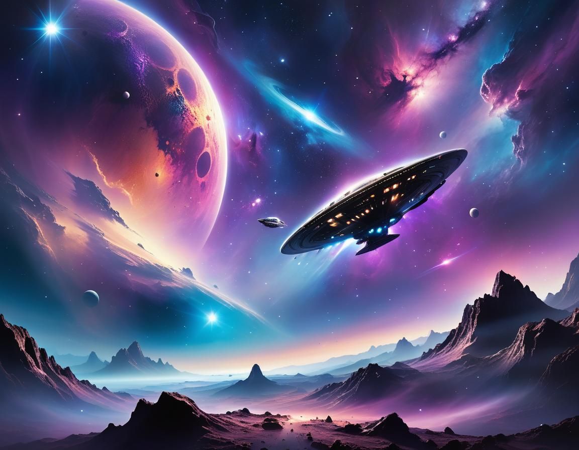 Surreal Alien Landscape with Spaceship in Nebula
