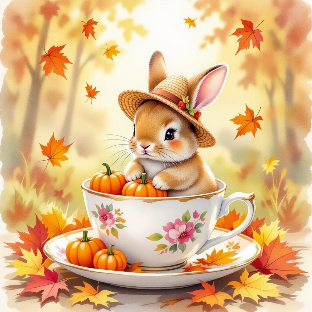 Watercolor ink wash painting. A cute fluffy rabbit wearing a...