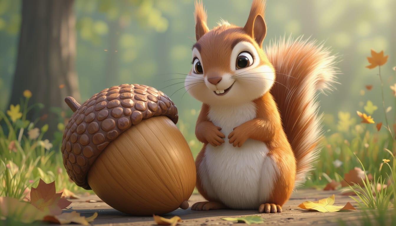 CGI Chubby Squirrel Sitting on Acorn