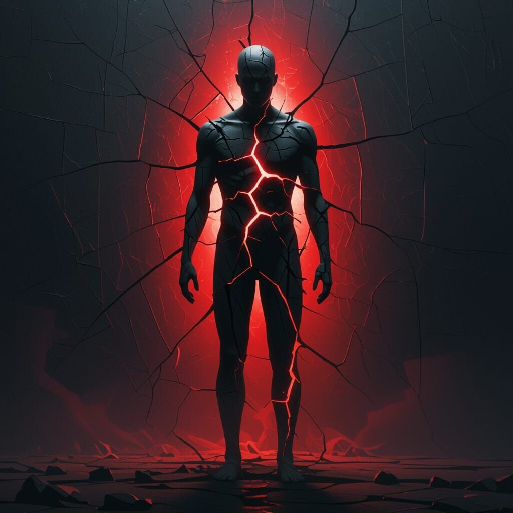 Fractured Silhouette Against Ominous Dark Background