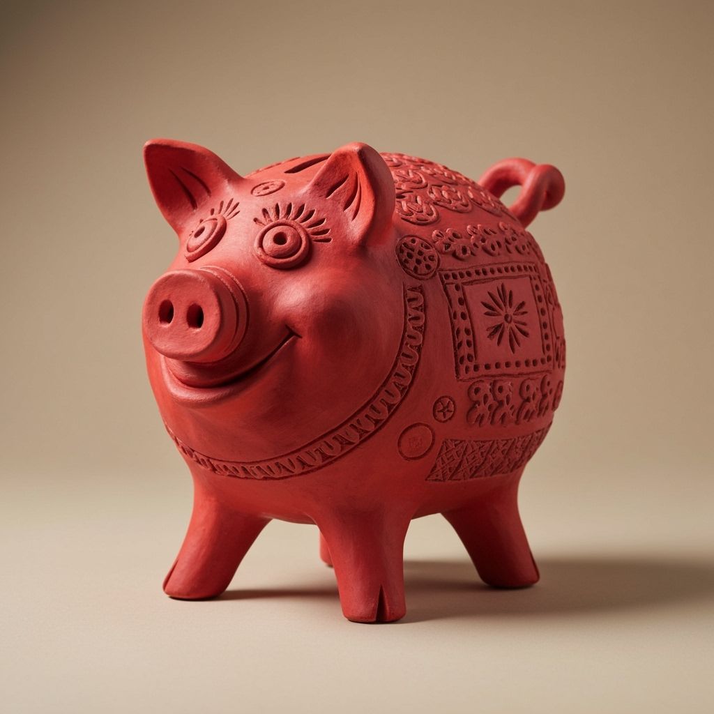 Rustic Red Clay Piggy Bank in Folk Art Style