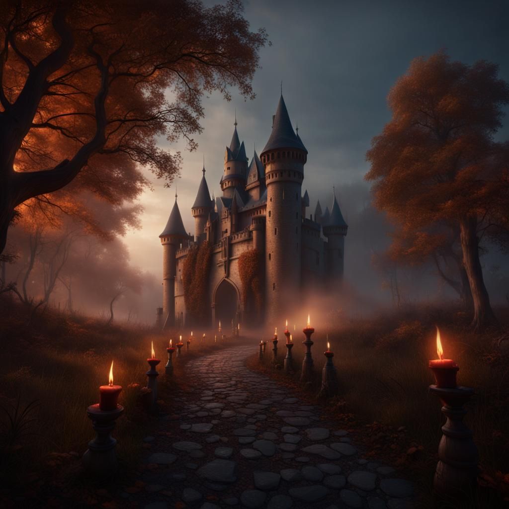 Mysterious Castle in Foggy Landscape: Hyper-Realistic 4D Ren...
