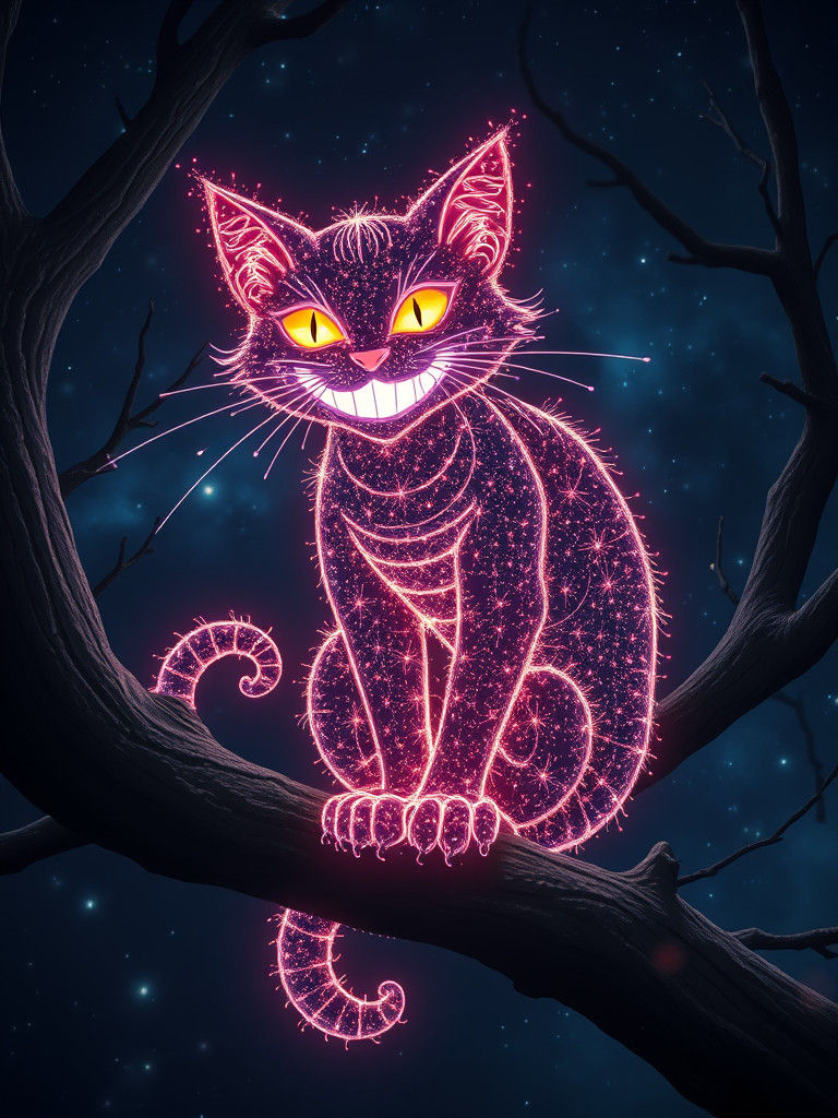 Glowing Cheshire Cat in Galaxy Nightscape