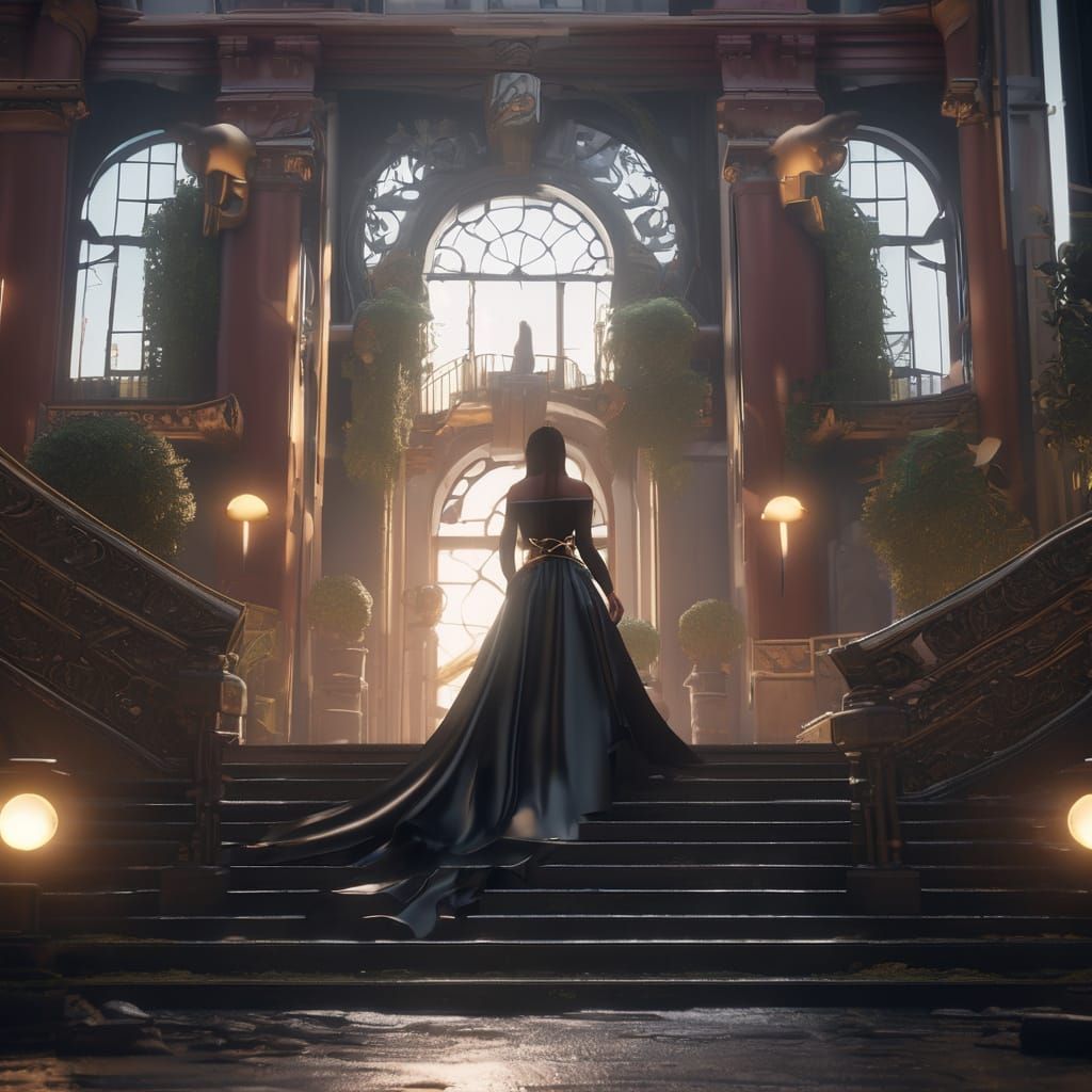 Fantasy Woman in Black Gown on Staircase