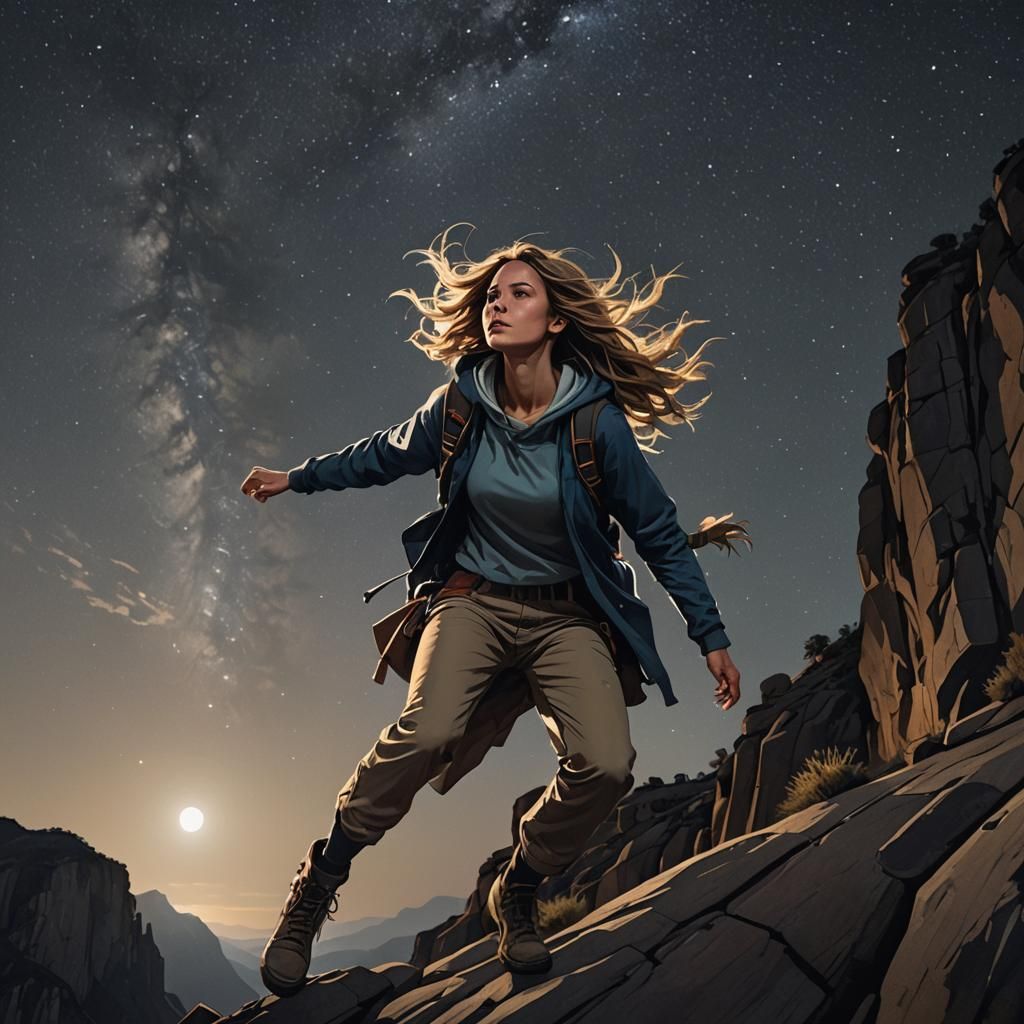 Girl Hanging off Cliff at Night in Matte Painting Style