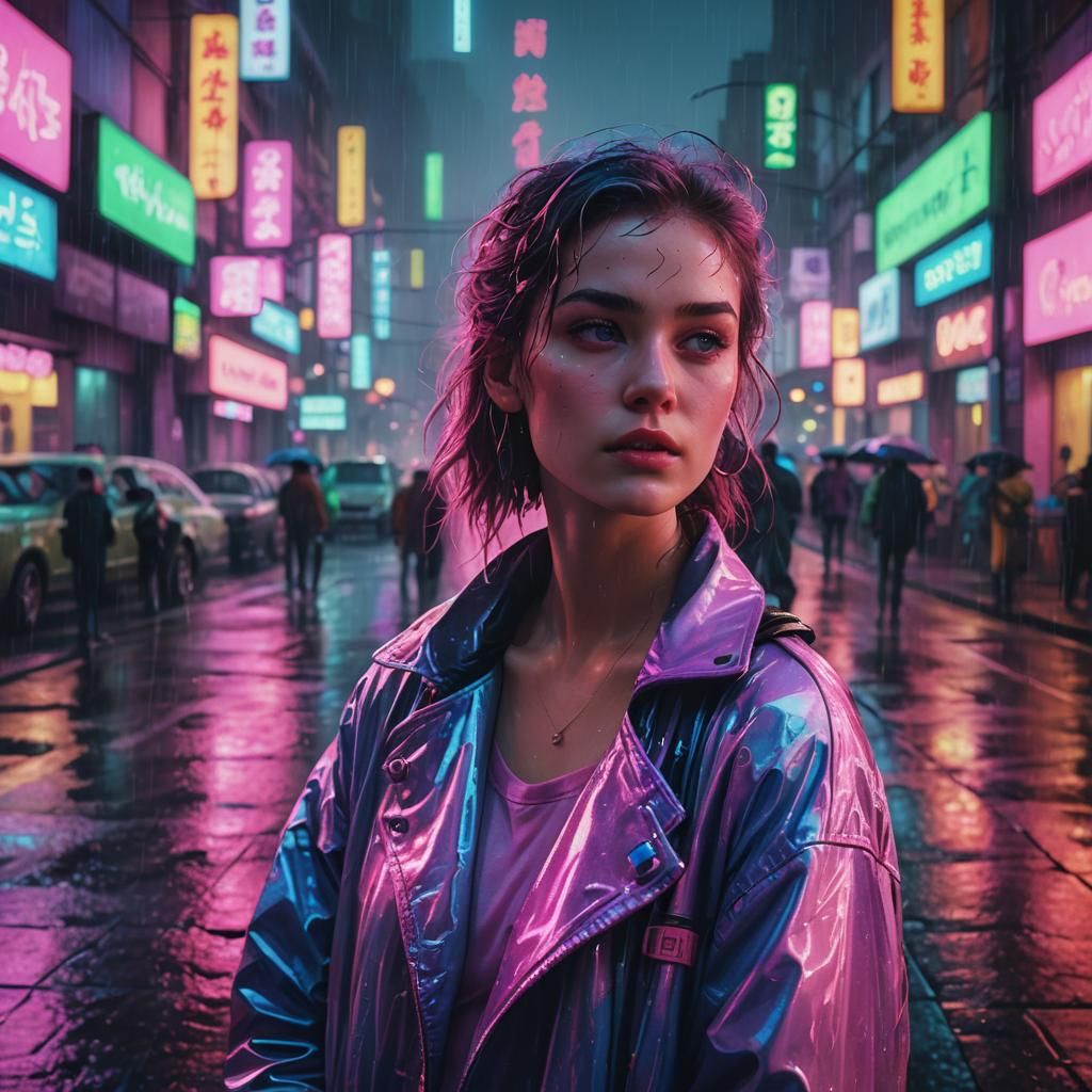 Neon City Woman in Rainy Synthwave Style