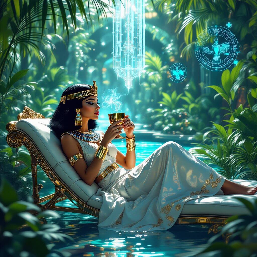 Cleopatra in a Cyberpunk Garden: Hyperrealistic Portrait