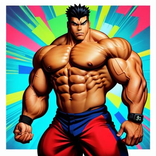 Anime Bodybuilder Flexing in Bright Colors