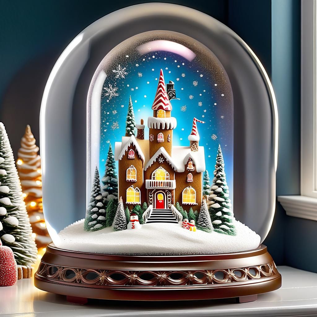 Gingerbread Palace Snow Globe in Painterly Style