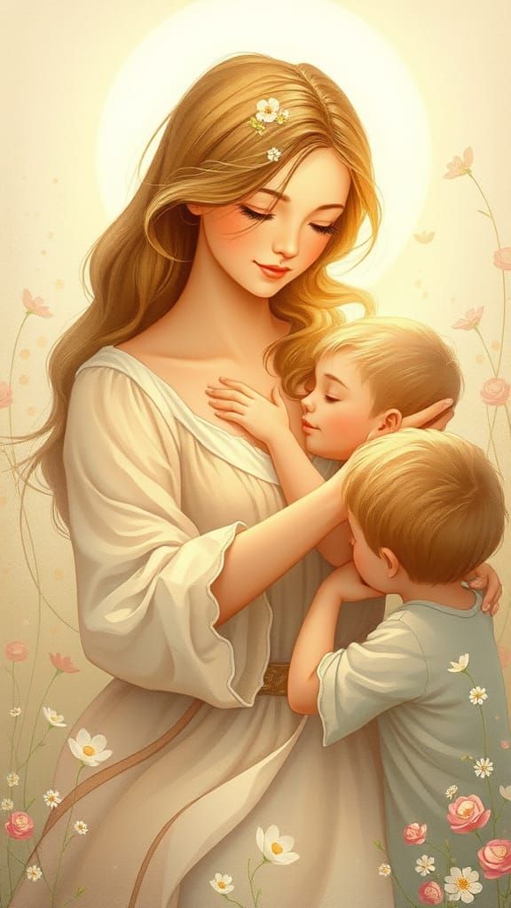 A Mother's Gentle Embrace in Soft Golden Light