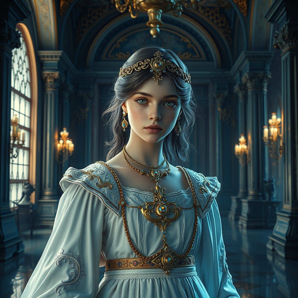 Elegant Princess in Golden Palace Halls