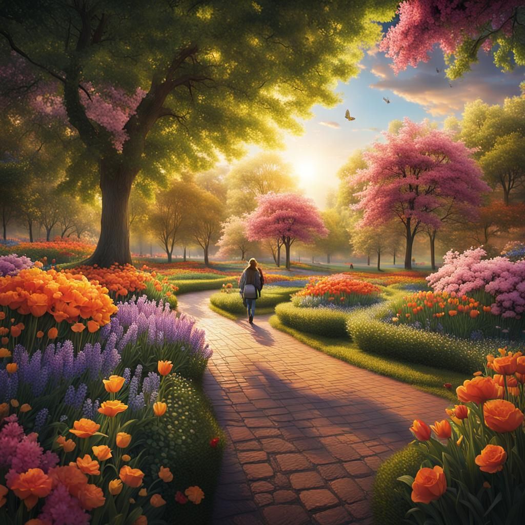 Spring Flower Garden in a Sunny Park
