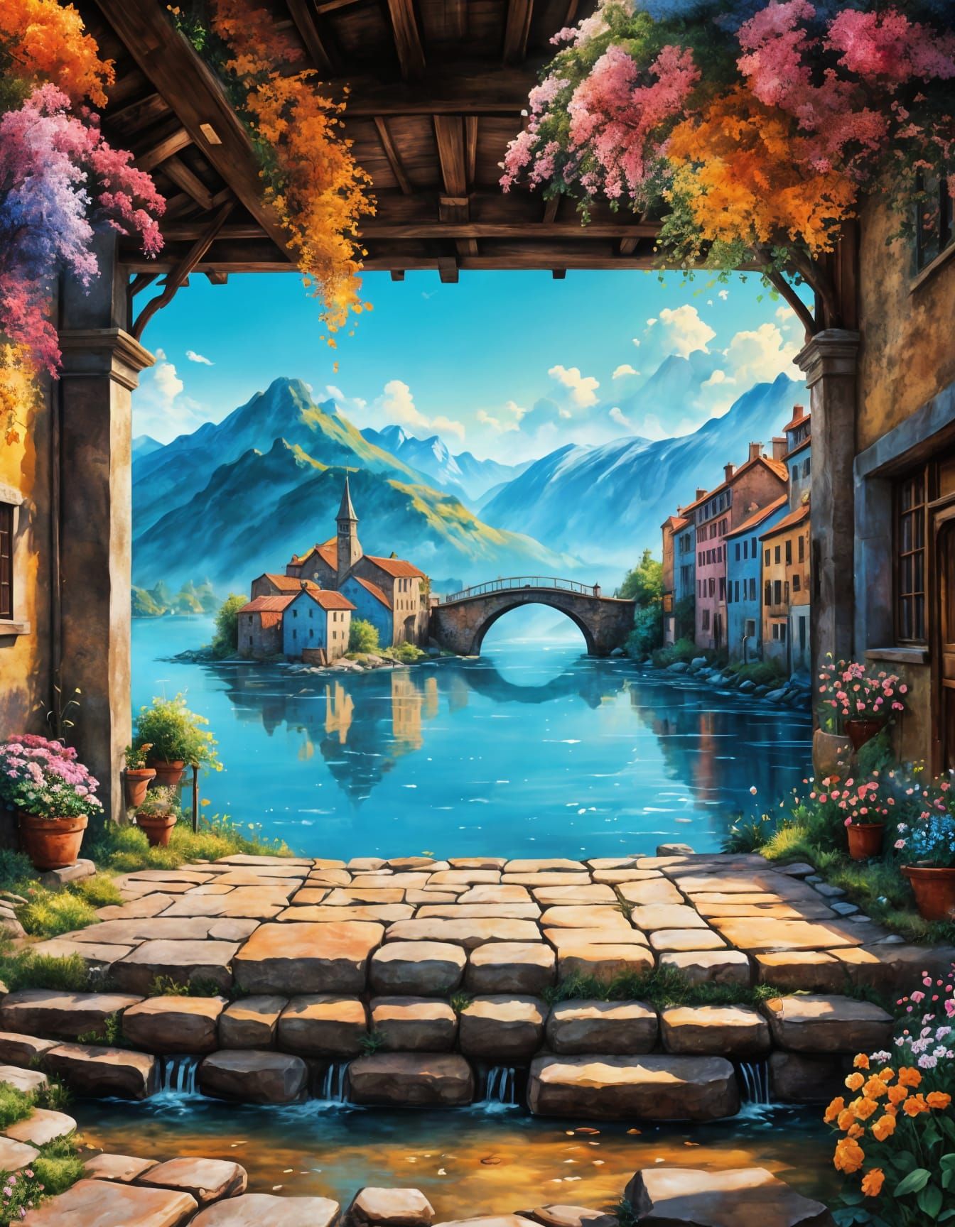 Pastel Watercolour Townscape With River and Bridge