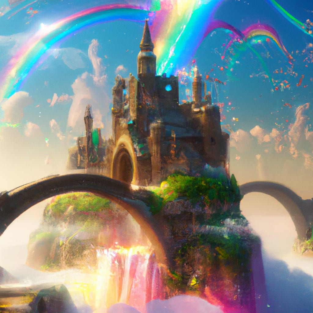Fantasy Castle in Clouds with Rainbow Bridge