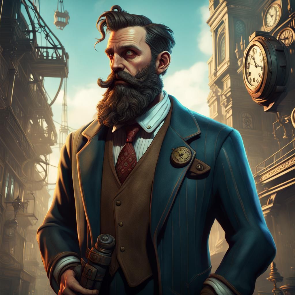 Bearded Man in Bioshock Style, Detailed Matte Painting
