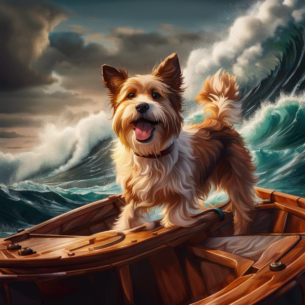 Brave Dog on Rough Seas: Hyperrealistic Splash Art