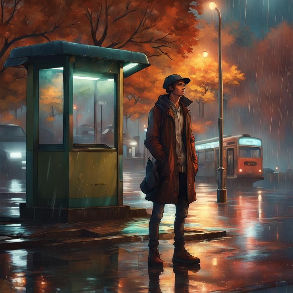 Decopunk Man Waiting for Bus in Rainy City