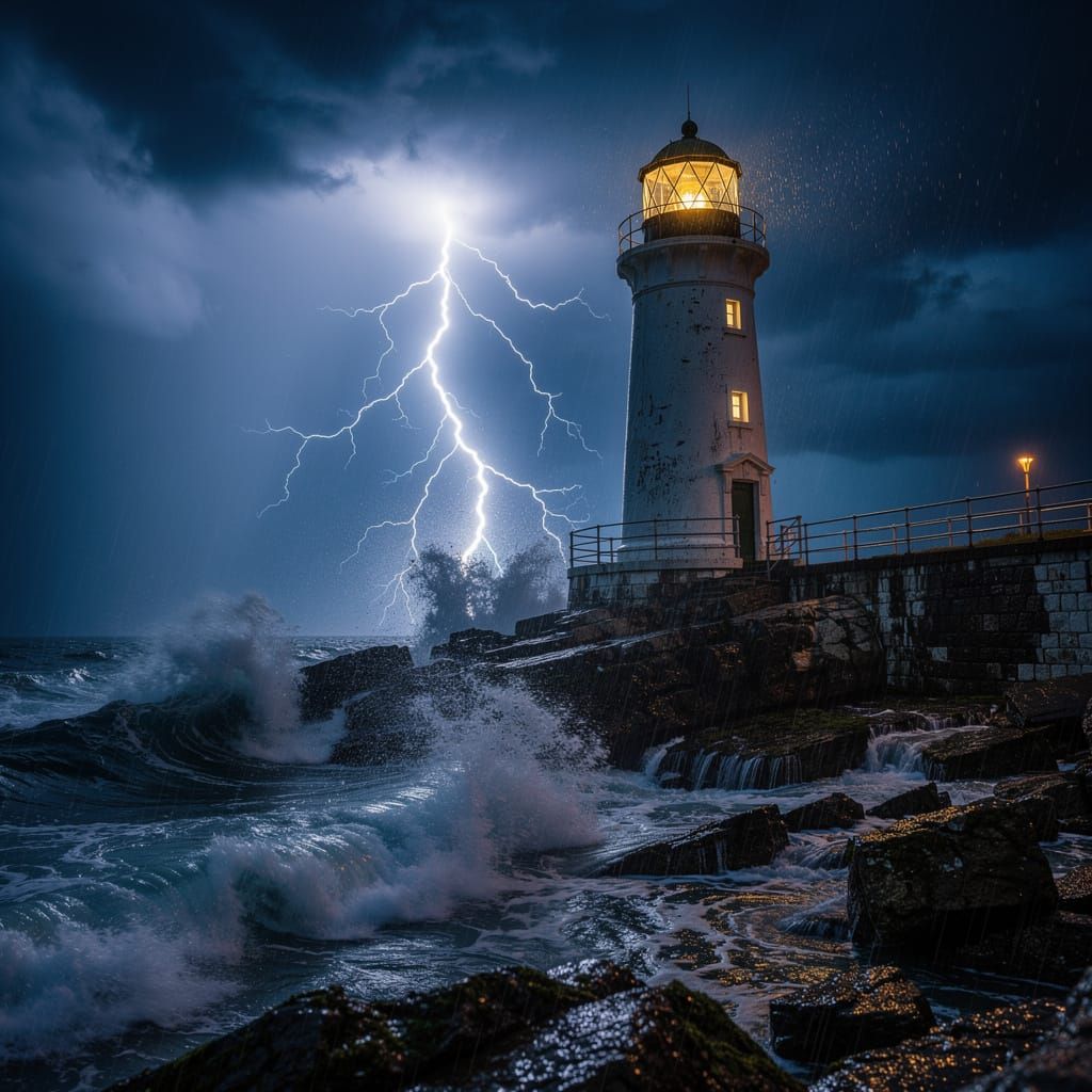 Dramatic Lighthouse Struck by Lightning in Stormy Seas