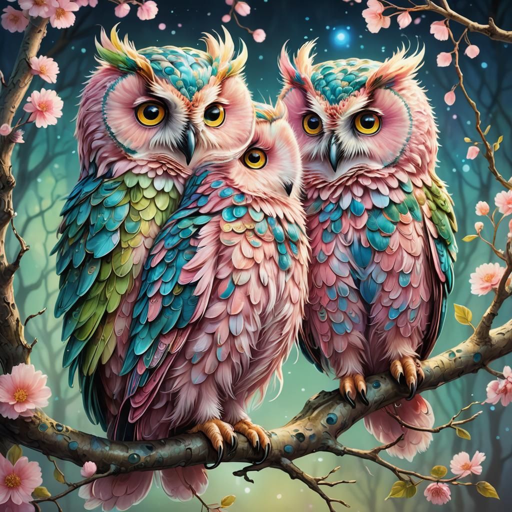 Fluorescent Fluffy Owls on Branch: Whimsical Digital Art