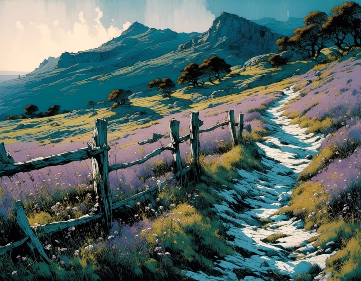 Hochrhön Meadows with Sheep and Path, Chromolithography Styl...