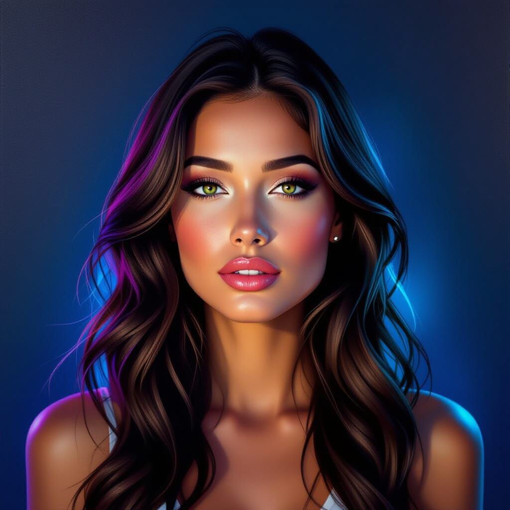 Brunette Woman Portrait in Blacklight Painting Style