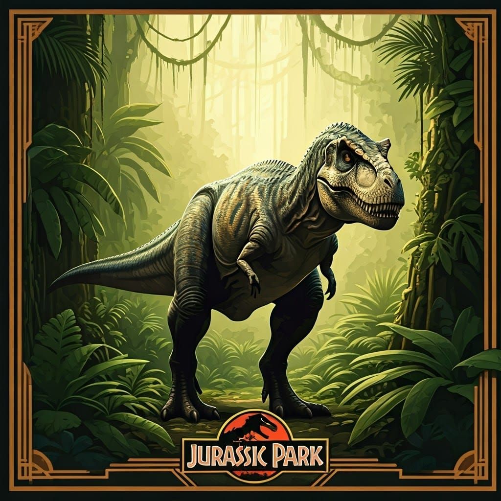 Art Deco Travel Poster: Theropod Dinosaur in Jungle