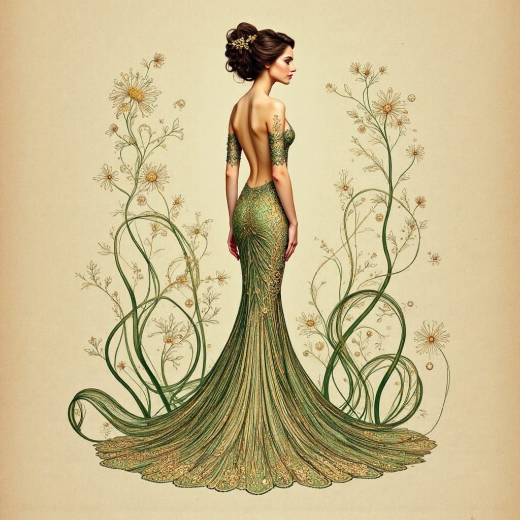 Elegant Art Nouveau Woman in Whimsical Nature Setting
