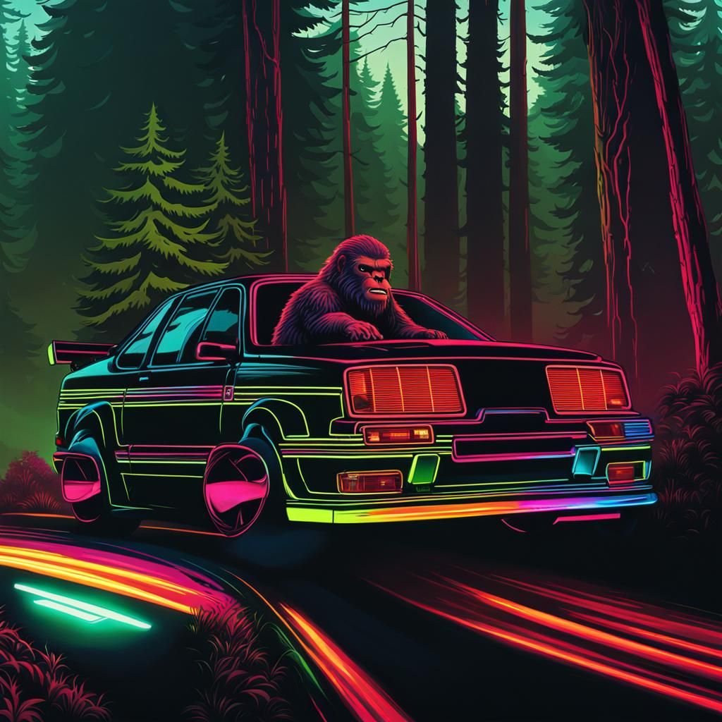Bigfoot Driving Ford Cosworth in Synthwave Style