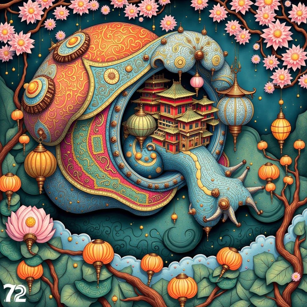 Medieval Snail Carries Vibrant Oriental Village