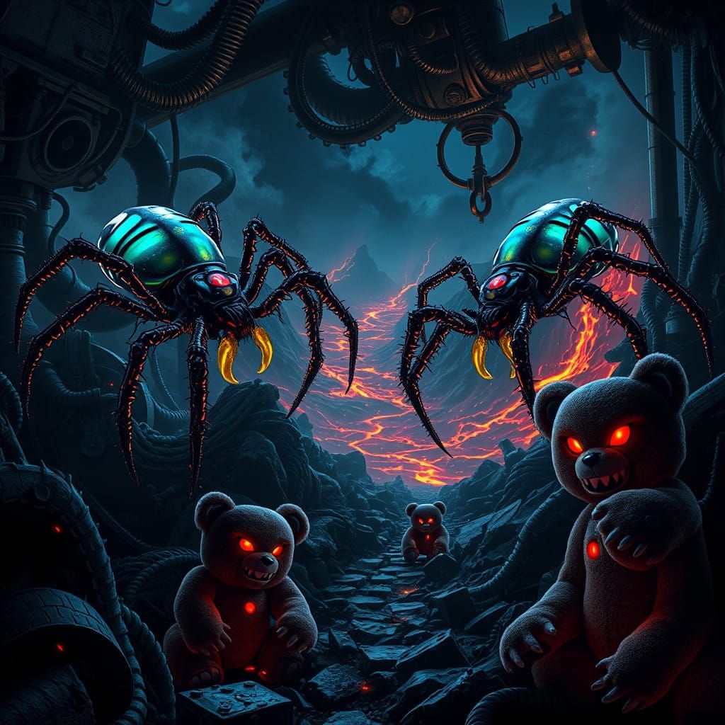 Steampunk Spiders Amidst Industrial Decay