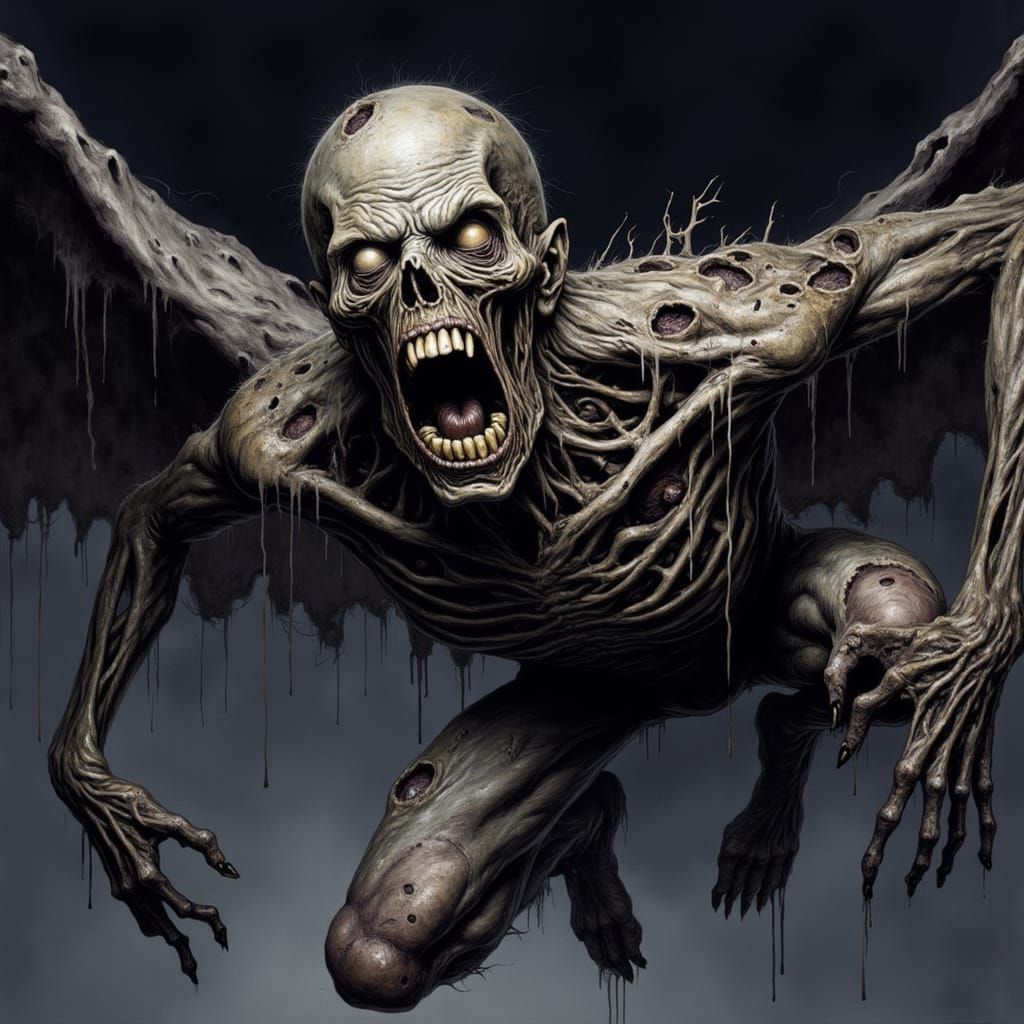 Decaying Zombie Soars Through Dark Skies