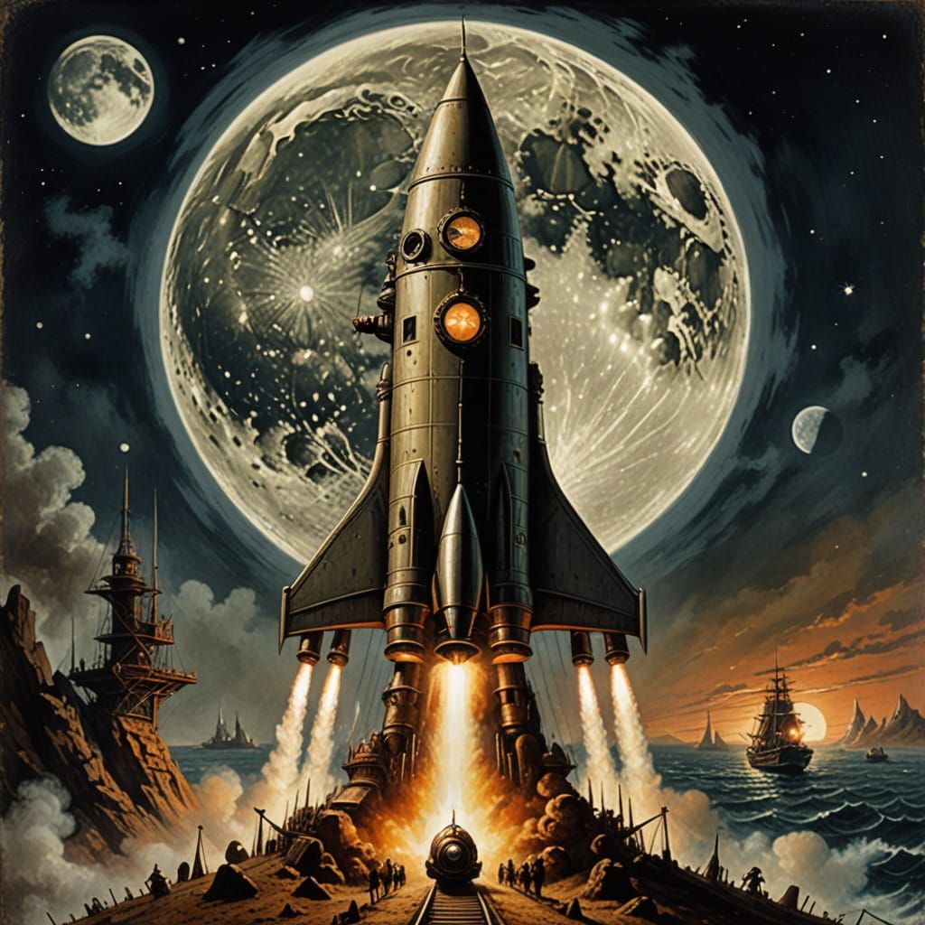 Vintage Steampunk Rocketship Collision with Lunar Eye