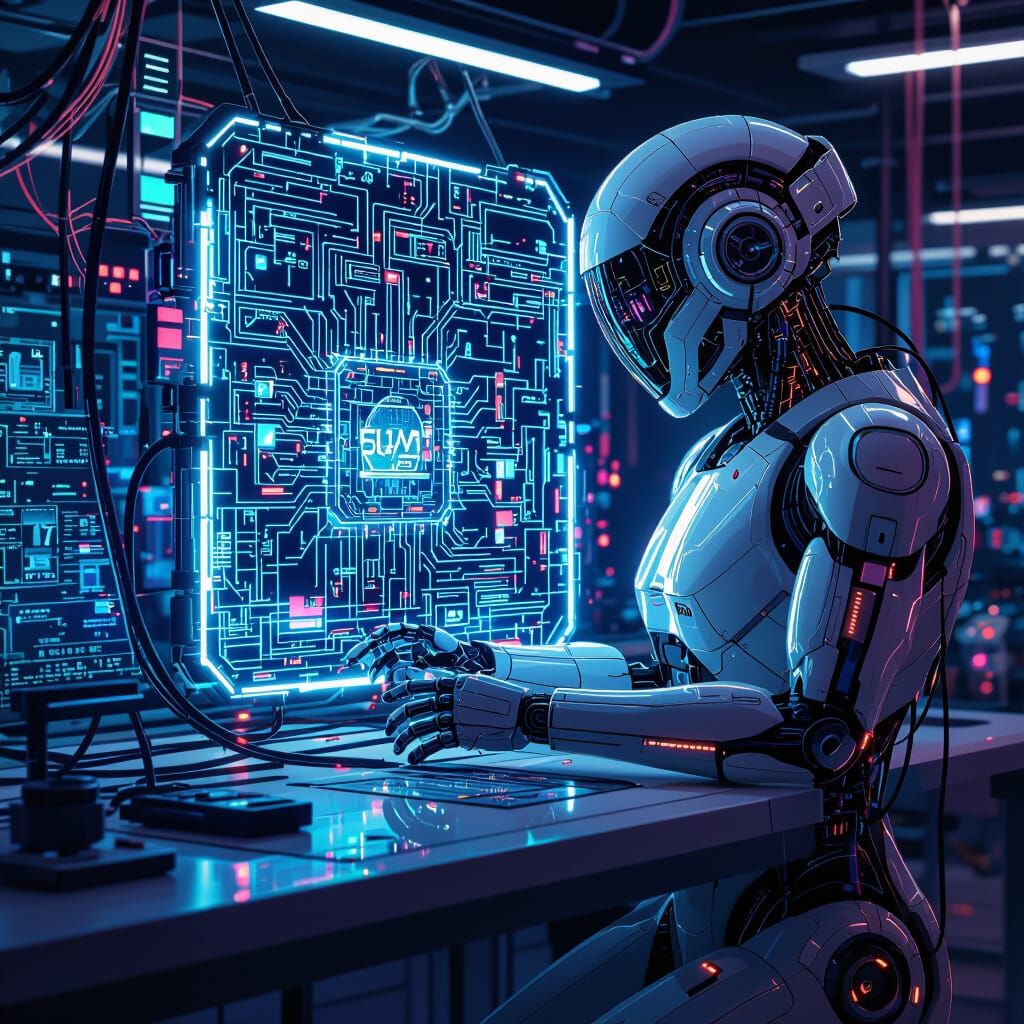 Futuristic Robot in Laboratory as Digital Art